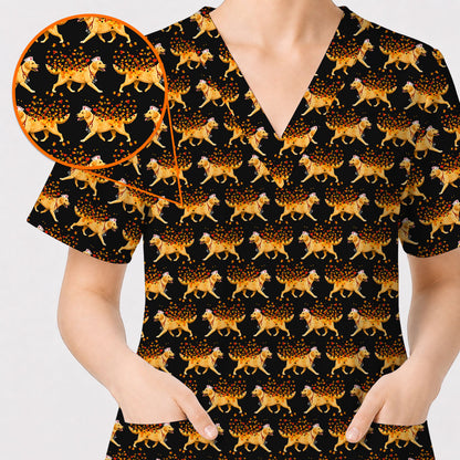 Autumn Labrador Retriever Nurse Scrub Top, Funny Fall Lab Dog Medical Uniform for Veterinary & Healthcare Staff, Comfortable Scrubs for Nurses