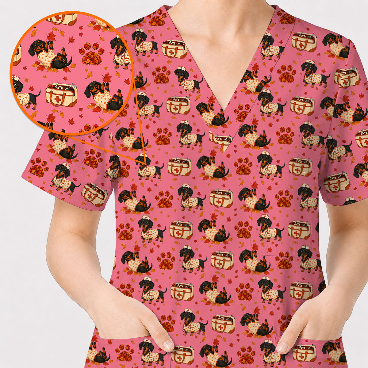 Fall Dachshund Scrub Top, Autumn Wiener Dog Nurse Uniform for Veterinary Professionals, Breathable Fabrics Nursing Scrubs for Dog Lovers