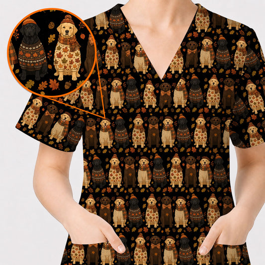 Autumn Dog Scrub Top for Nurses, Fall Labrador Retriever Nursing Uniform, Cozy Autumn Veterinary Scrubs for Dog Lovers