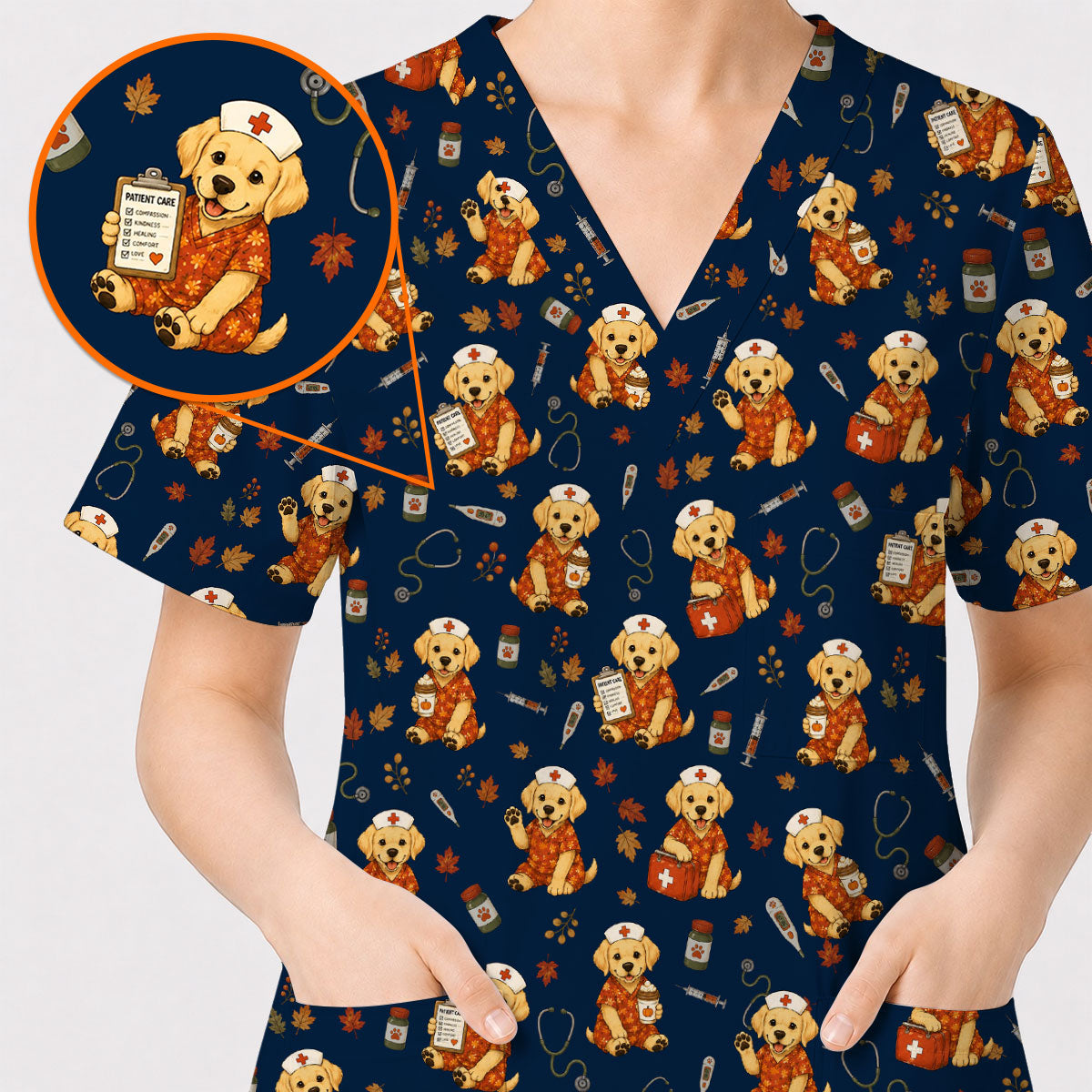 Autumn Labrador Retriever Scrub Top, Fall Dog Nursing Uniform for Veterinary Professionals, Cozy Autumn Nurse Scrubs for Dog Lovers