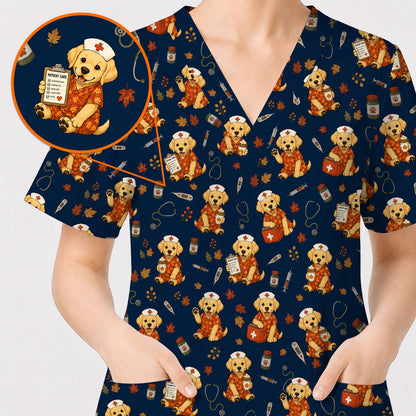 Autumn Labrador Retriever Scrub Top, Fall Dog Nursing Uniform for Veterinary Professionals, Cozy Autumn Nurse Scrubs for Dog Lovers