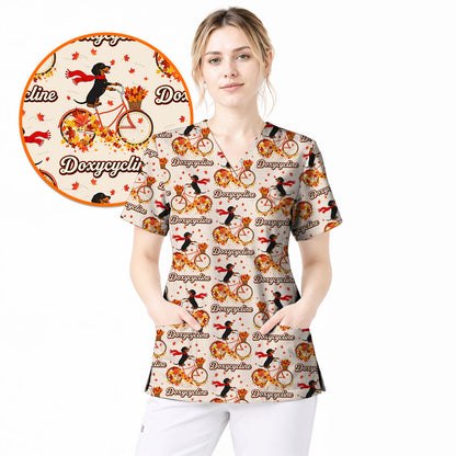 Autumn Dachshund Scrub Top, Cute Wiener Dog Fall Nursing Uniform, Breathable Veterinary Scrub Shirt
