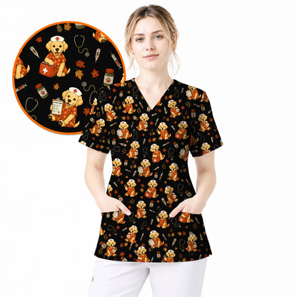 Autumn Labrador Retriever Scrub Top, Fall Dog Nursing Uniform for Veterinary Professionals, Cozy Autumn Nurse Scrubs for Dog Lovers