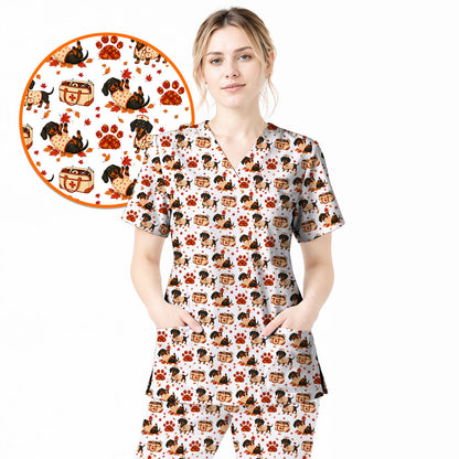 Fall Dachshund Scrub Top, Autumn Wiener Dog Nurse Uniform for Veterinary Professionals, Breathable Fabrics Nursing Scrubs for Dog Lovers
