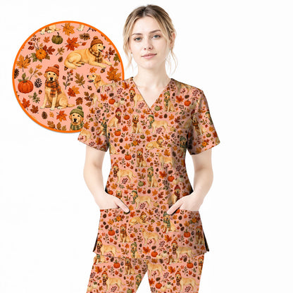 Labrador Retriever Nurse Scrub Top, Funny Autumn Lab Dog Medical Scrubs for Veterinary & Healthcare Staff, Breathable Fabrics Nursing Uniform