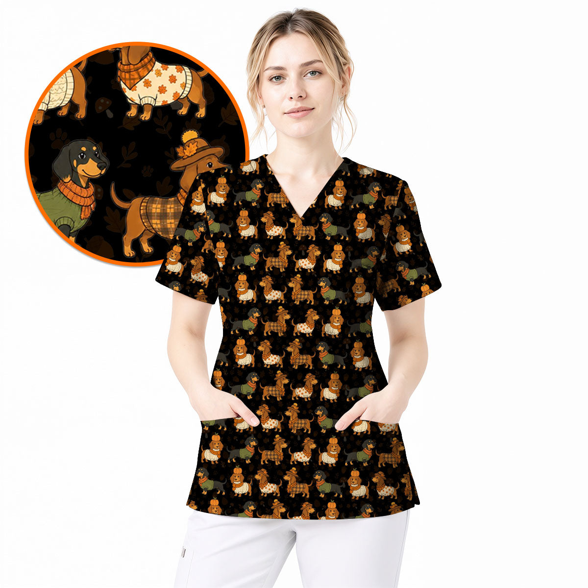 Autumn Dachshund Scrub Top, Cute Fall Wiener Dog Nursing Scrubs for Dog Lovers, Breathable Fabrics Nursing Uniform