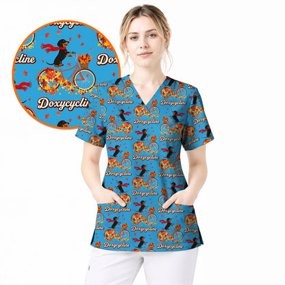 Autumn Dachshund Scrub Top, Cute Wiener Dog Fall Nursing Uniform, Breathable Veterinary Scrub Shirt