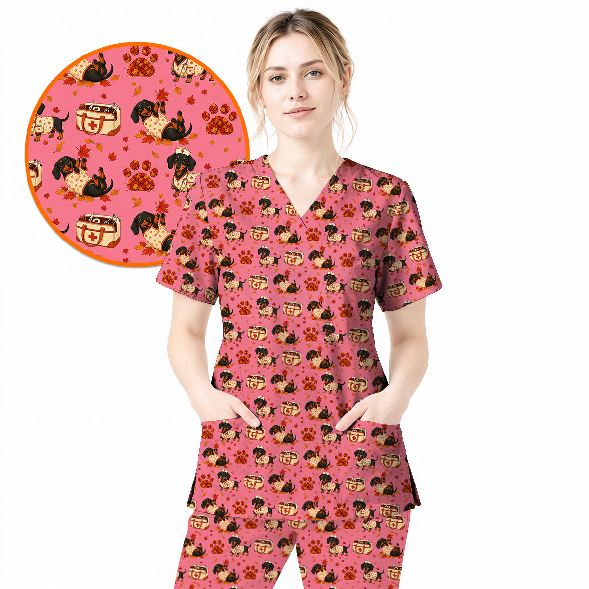 Fall Dachshund Scrub Top, Autumn Wiener Dog Nurse Uniform for Veterinary Professionals, Breathable Fabrics Nursing Scrubs for Dog Lovers