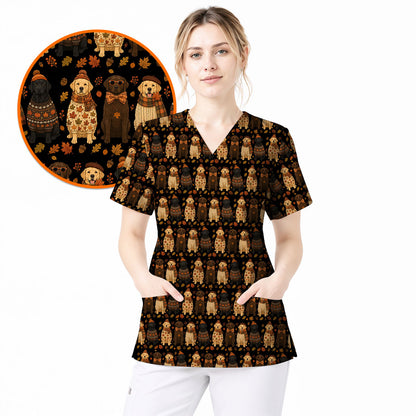 Autumn Dog Scrub Top for Nurses, Fall Labrador Retriever Nursing Uniform, Cozy Autumn Veterinary Scrubs for Dog Lovers