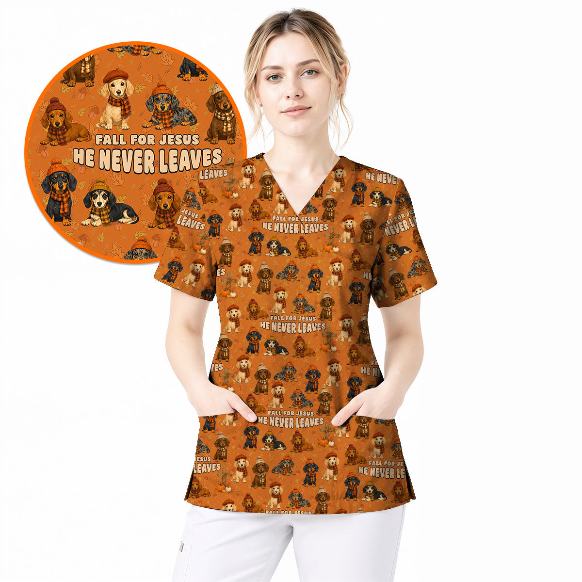 Autumn Dachshund Scrub Top, Wiener Dog Fall Nursing Uniform for Dog Lovers, Comfortable Scrubs for Nurses