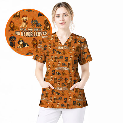 Autumn Dachshund Scrub Top, Wiener Dog Fall Nursing Uniform for Dog Lovers, Comfortable Scrubs for Nurses