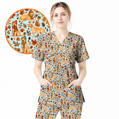 Labrador Retriever Nurse Scrub Top, Funny Autumn Lab Dog Medical Scrubs for Veterinary & Healthcare Staff, Breathable Fabrics Nursing Uniform