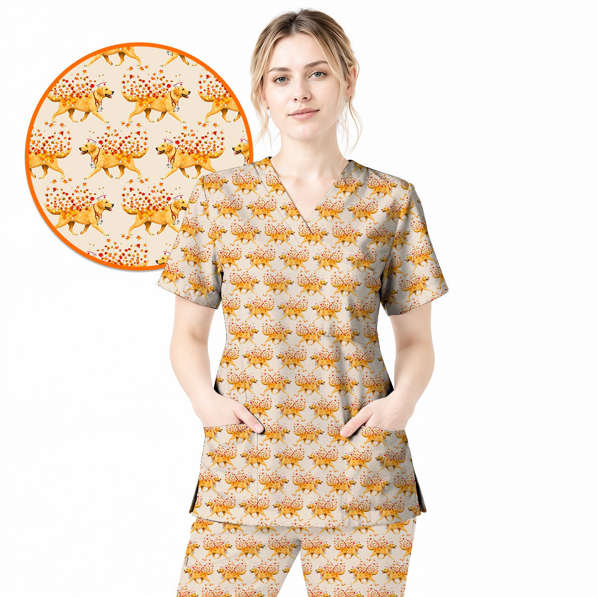 Autumn Labrador Retriever Nurse Scrub Top, Funny Fall Lab Dog Medical Uniform for Veterinary & Healthcare Staff, Comfortable Scrubs for Nurses