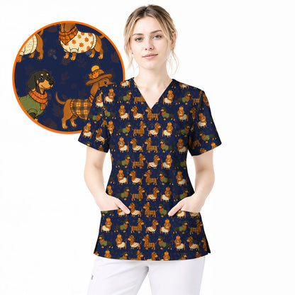 Autumn Dachshund Scrub Top, Cute Fall Wiener Dog Nursing Scrubs for Dog Lovers, Breathable Fabrics Nursing Uniform