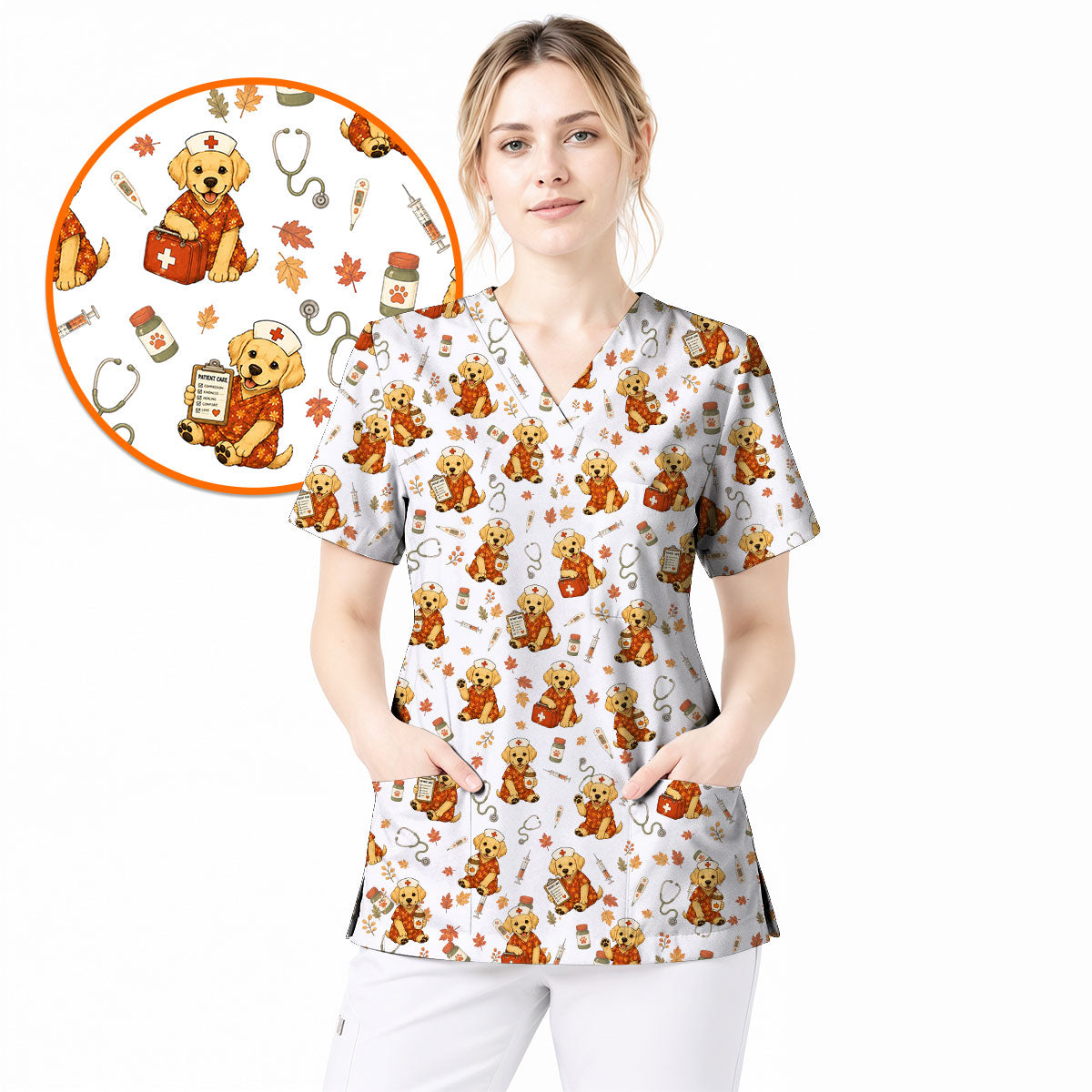 Autumn Labrador Retriever Scrub Top, Fall Dog Nursing Uniform for Veterinary Professionals, Cozy Autumn Nurse Scrubs for Dog Lovers