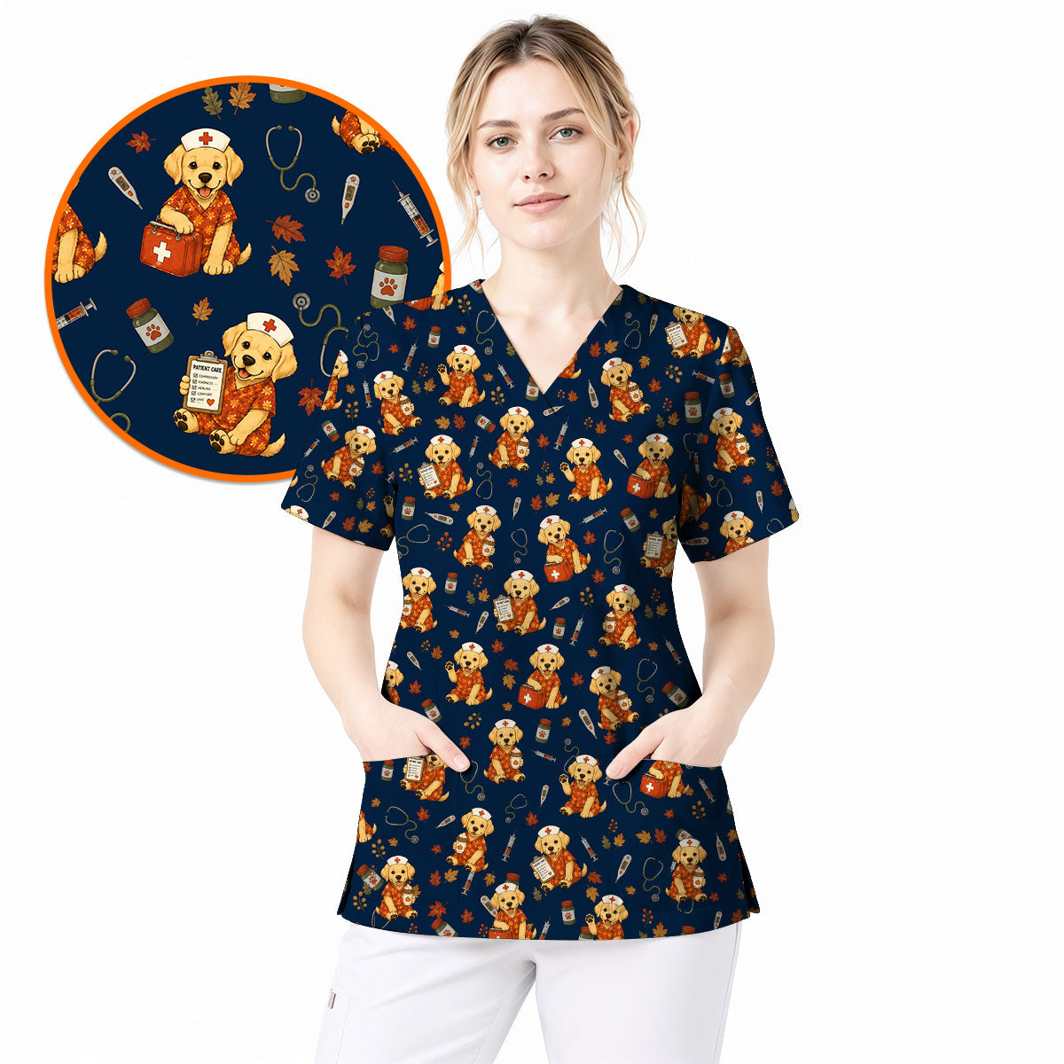 Autumn Labrador Retriever Scrub Top, Fall Dog Nursing Uniform for Veterinary Professionals, Cozy Autumn Nurse Scrubs for Dog Lovers