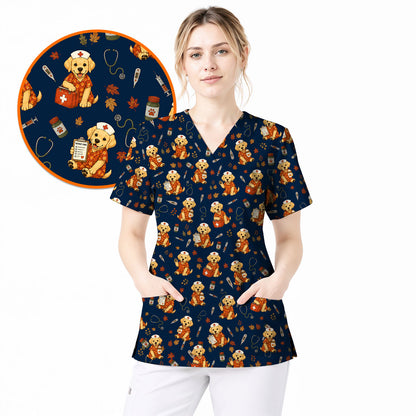 Autumn Labrador Retriever Scrub Top, Fall Dog Nursing Uniform for Veterinary Professionals, Cozy Autumn Nurse Scrubs for Dog Lovers