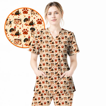 Fall Dachshund Scrub Top, Autumn Wiener Dog Nurse Uniform for Veterinary Professionals, Breathable Fabrics Nursing Scrubs for Dog Lovers