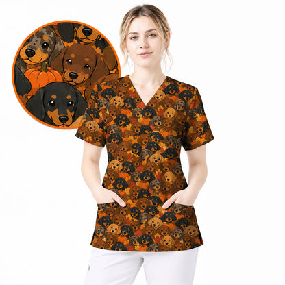 Funny Autumn Dachshund Scrub Top, Fall Wiener Dog Nurse Scrubs for Dog Lovers, Comfortable Uniform for Nurses