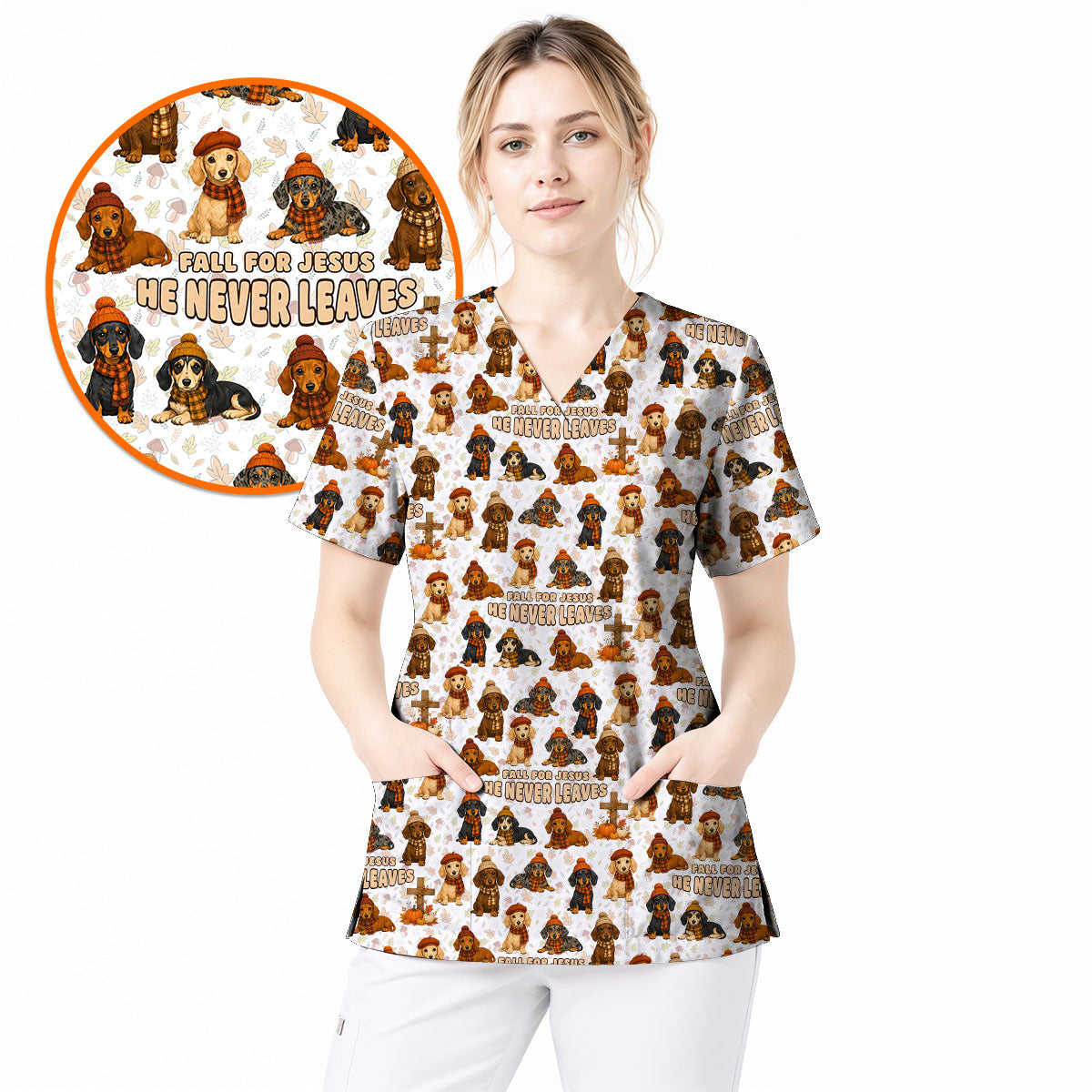 Autumn Dachshund Scrub Top, Wiener Dog Fall Nursing Uniform for Dog Lovers, Comfortable Scrubs for Nurses