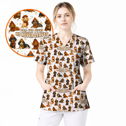 Autumn Dachshund Scrub Top, Wiener Dog Fall Nursing Uniform for Dog Lovers, Comfortable Scrubs for Nurses