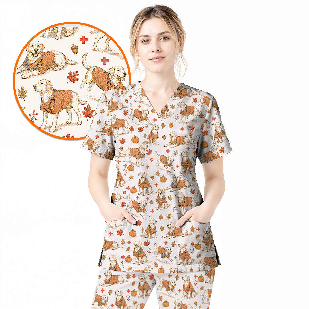 Fall Labrador Retriever Scrub Top, Autumn Labrador Nursing Uniform for Healthcare Workers, Comfortable Scrubs for Nurses