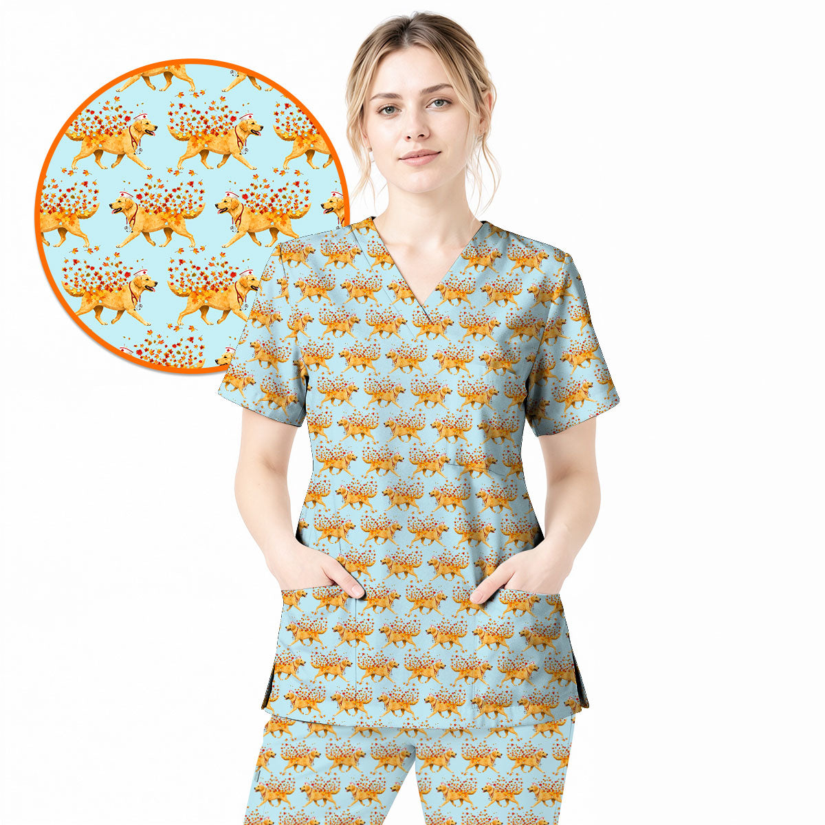 Autumn Labrador Retriever Nurse Scrub Top, Funny Fall Lab Dog Medical Uniform for Veterinary & Healthcare Staff, Comfortable Scrubs for Nurses