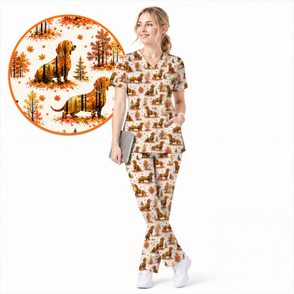 Autumn Dachshund Scrub Top, Fall Wiener Dog Nursing Uniform for Healthcare Workers, Cute Dachshund Nurse Scrubs for Dog Lovers