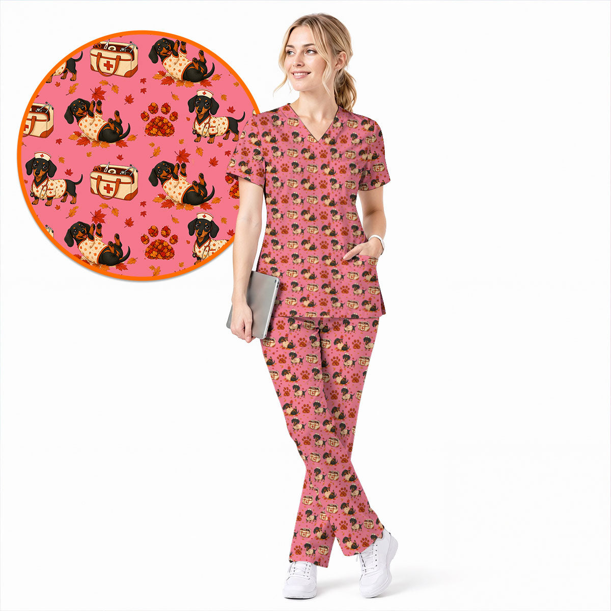 Fall Dachshund Scrub Top, Autumn Wiener Dog Nurse Uniform for Veterinary Professionals, Breathable Fabrics Nursing Scrubs for Dog Lovers