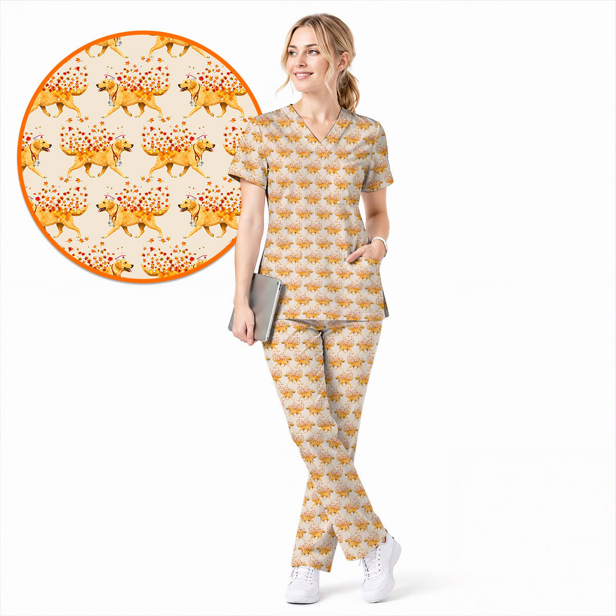 Autumn Labrador Retriever Nurse Scrub Top, Funny Fall Lab Dog Medical Uniform for Veterinary & Healthcare Staff, Comfortable Scrubs for Nurses