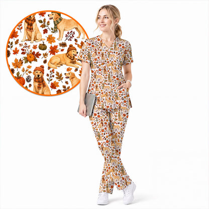 Labrador Retriever Nurse Scrub Top, Funny Autumn Lab Dog Medical Scrubs for Veterinary & Healthcare Staff, Breathable Fabrics Nursing Uniform