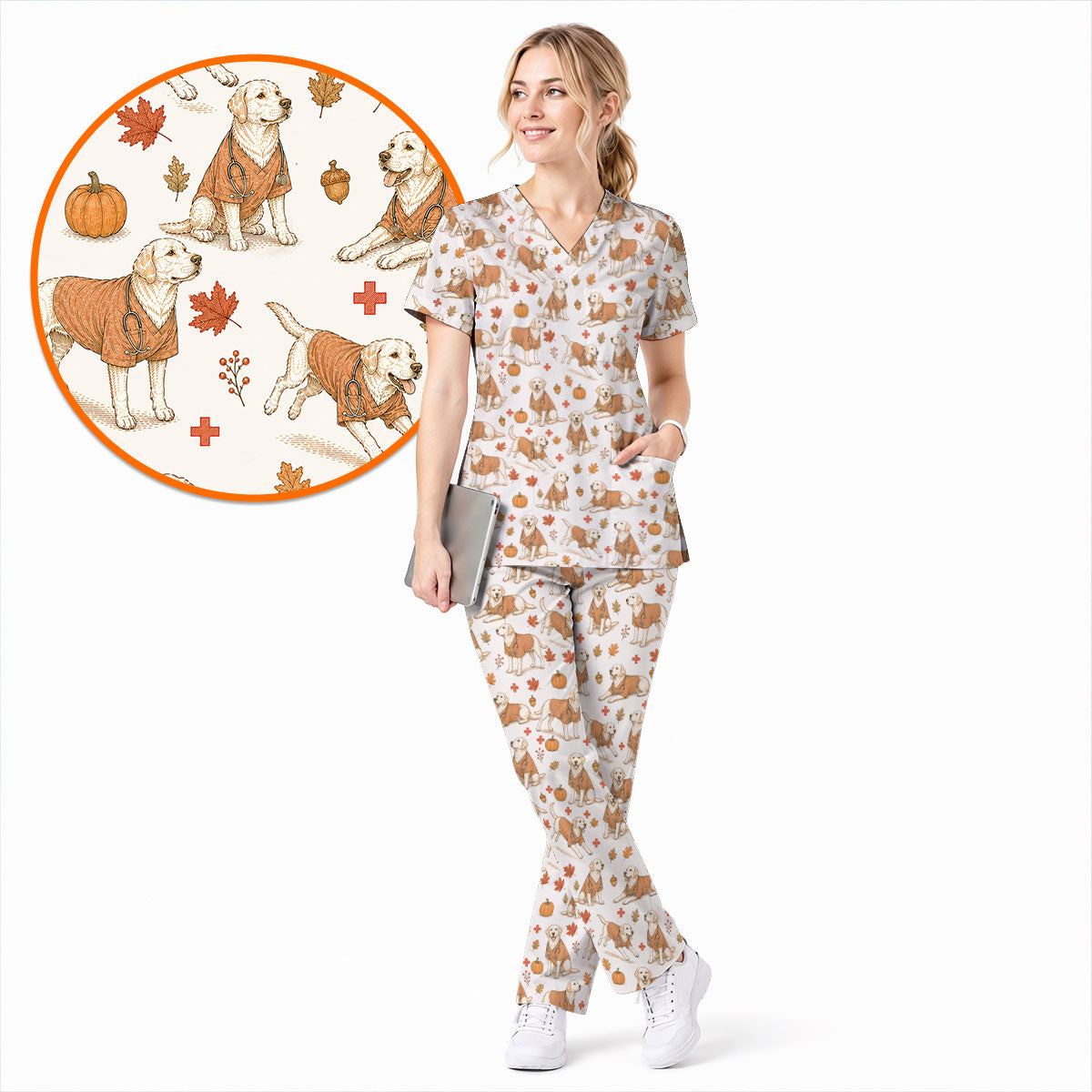 Fall Labrador Retriever Scrub Top, Autumn Labrador Nursing Uniform for Healthcare Workers, Comfortable Scrubs for Nurses