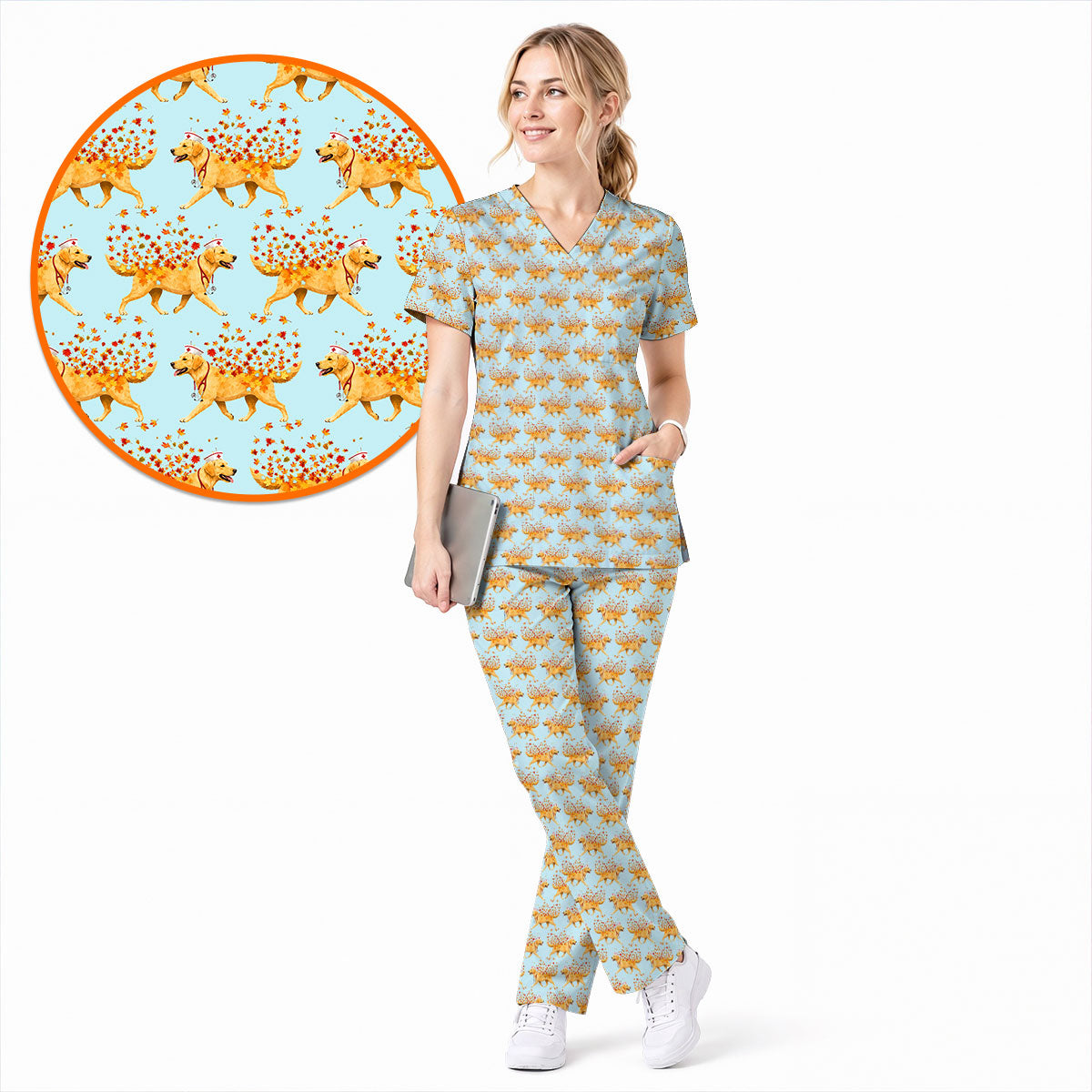 Autumn Labrador Retriever Nurse Scrub Top, Funny Fall Lab Dog Medical Uniform for Veterinary & Healthcare Staff, Comfortable Scrubs for Nurses