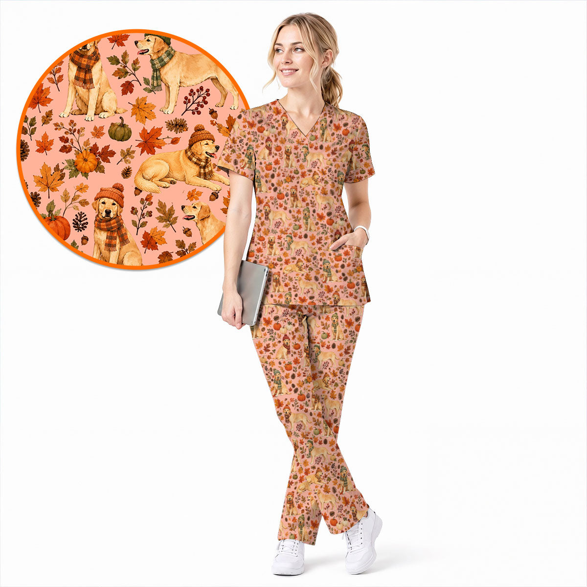 Labrador Retriever Nurse Scrub Top, Funny Autumn Lab Dog Medical Scrubs for Veterinary & Healthcare Staff, Breathable Fabrics Nursing Uniform