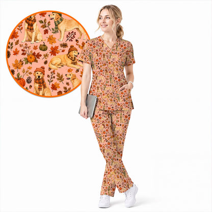 Labrador Retriever Nurse Scrub Top, Funny Autumn Lab Dog Medical Scrubs for Veterinary & Healthcare Staff, Breathable Fabrics Nursing Uniform