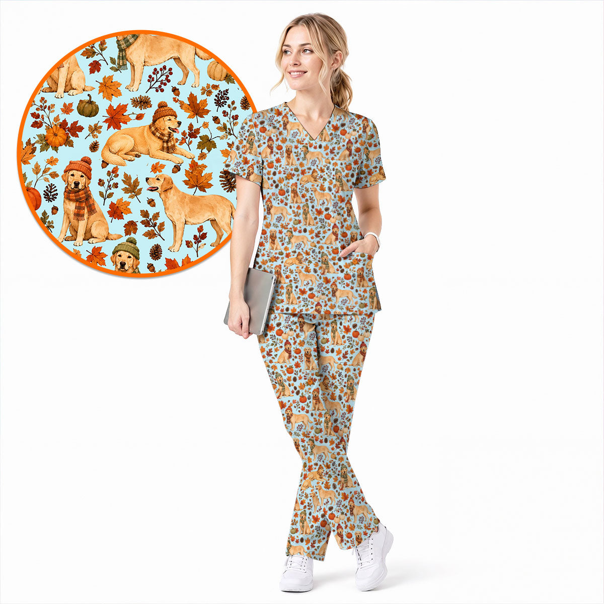 Labrador Retriever Nurse Scrub Top, Funny Autumn Lab Dog Medical Scrubs for Veterinary & Healthcare Staff, Breathable Fabrics Nursing Uniform