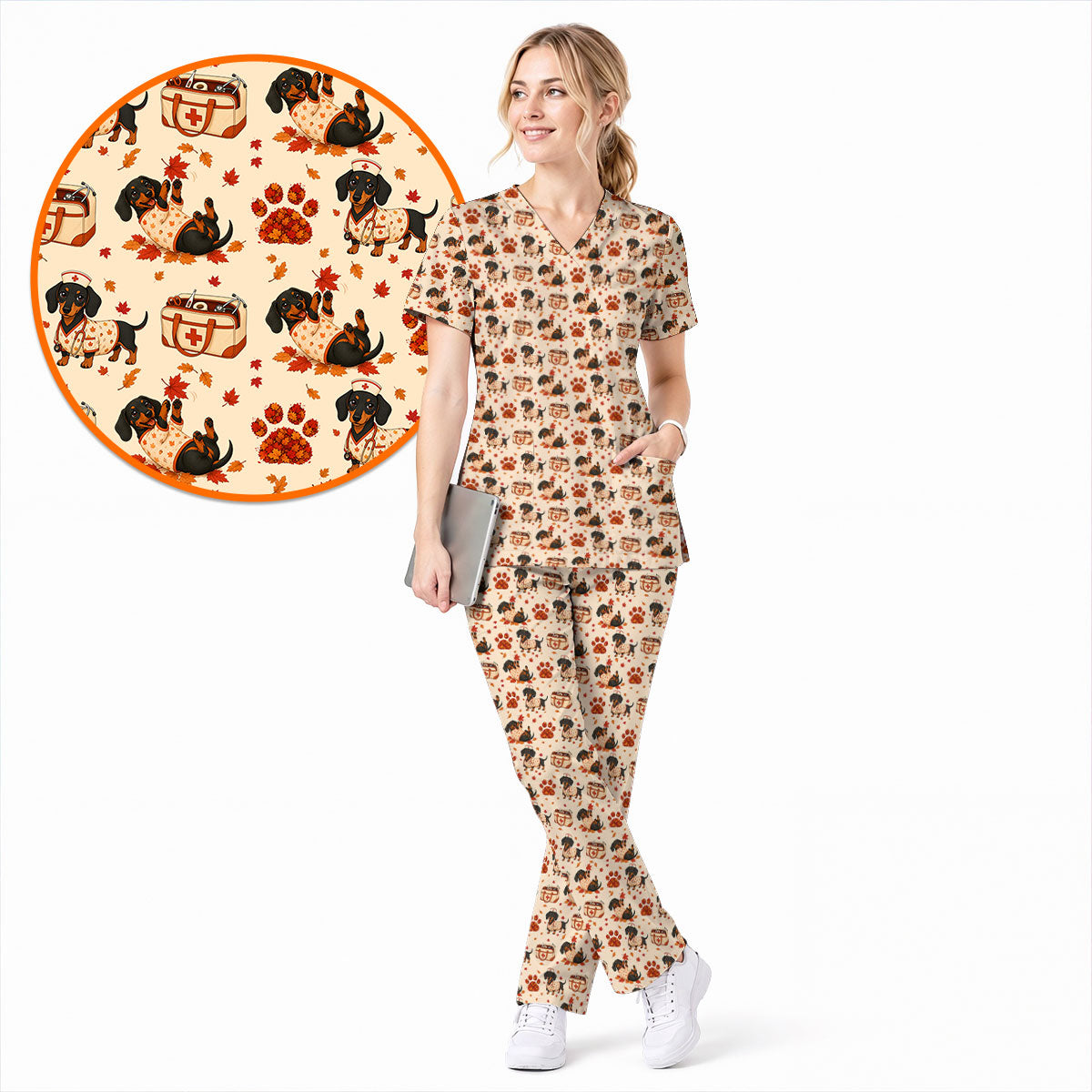 Fall Dachshund Scrub Top, Autumn Wiener Dog Nurse Uniform for Veterinary Professionals, Breathable Fabrics Nursing Scrubs for Dog Lovers