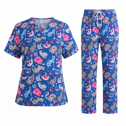 Essence I Love Kitties Scrub Top, Funny Cats Scrub Top for Women, Breathable Fabrics Nursing Uniform