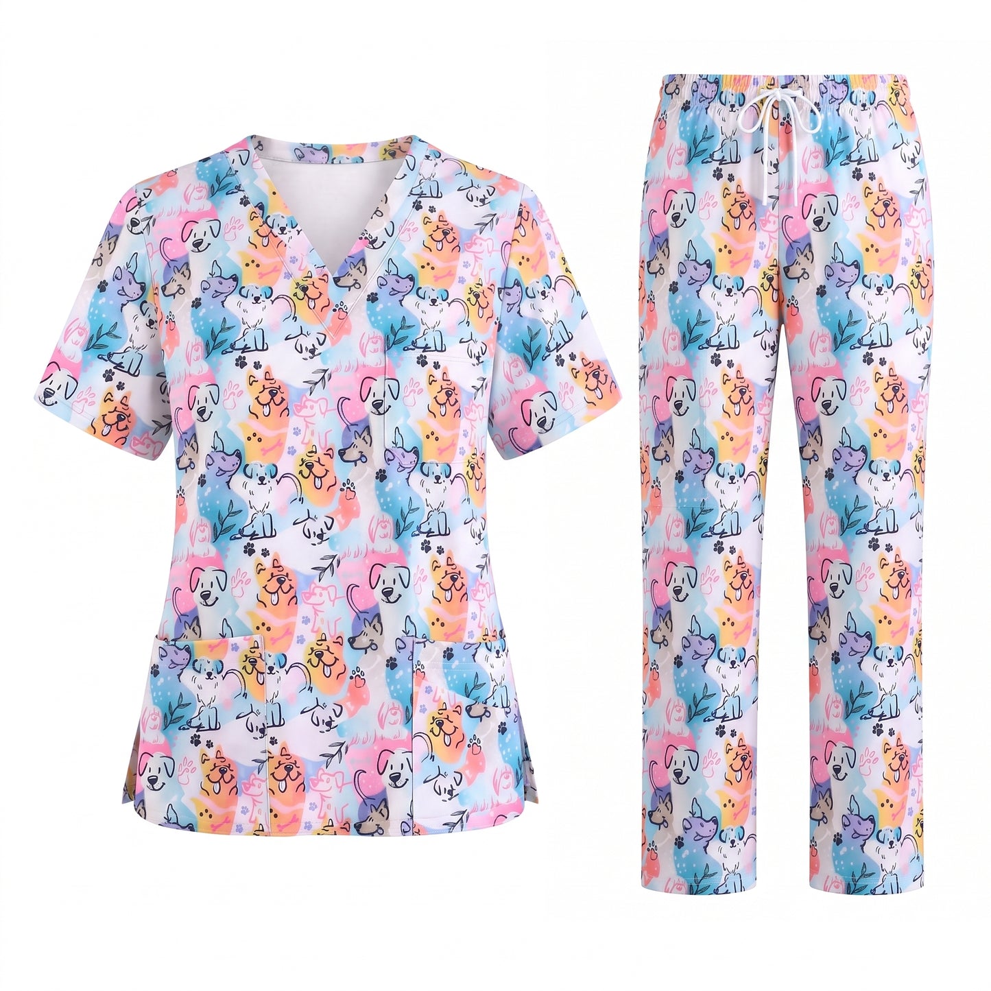 Cute Dog Pattern Scrub Top for Women, Colorful Cartoon Dogs Nursing Uniform, Funny Puppy Print Medical Scrub Shirt, Breathable Veterinary & Nurse Scrubs Gift