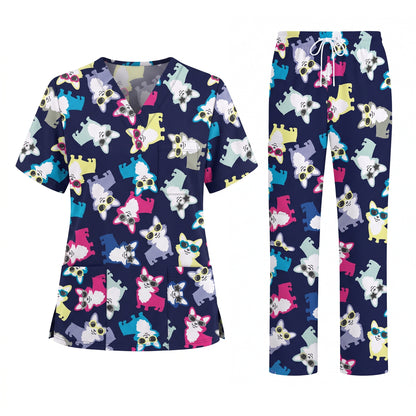 Funny Dog Print Scrub Top, Cute Puppy Pattern Nursing Uniform, Breathable Medical Scrubs for Women