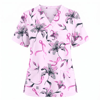 Breast Cancer Awareness Scrub Top for Women, Pink Ribbon Lily Floral Nursing Uniform, Support Breast Cancer Warrior Gift