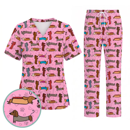 Cute Dachshund Scrub Top for Nurses, Funny Wiener Dog Print Medical Uniform Shirt, Sausage Dog Pattern Veterinary Workwear