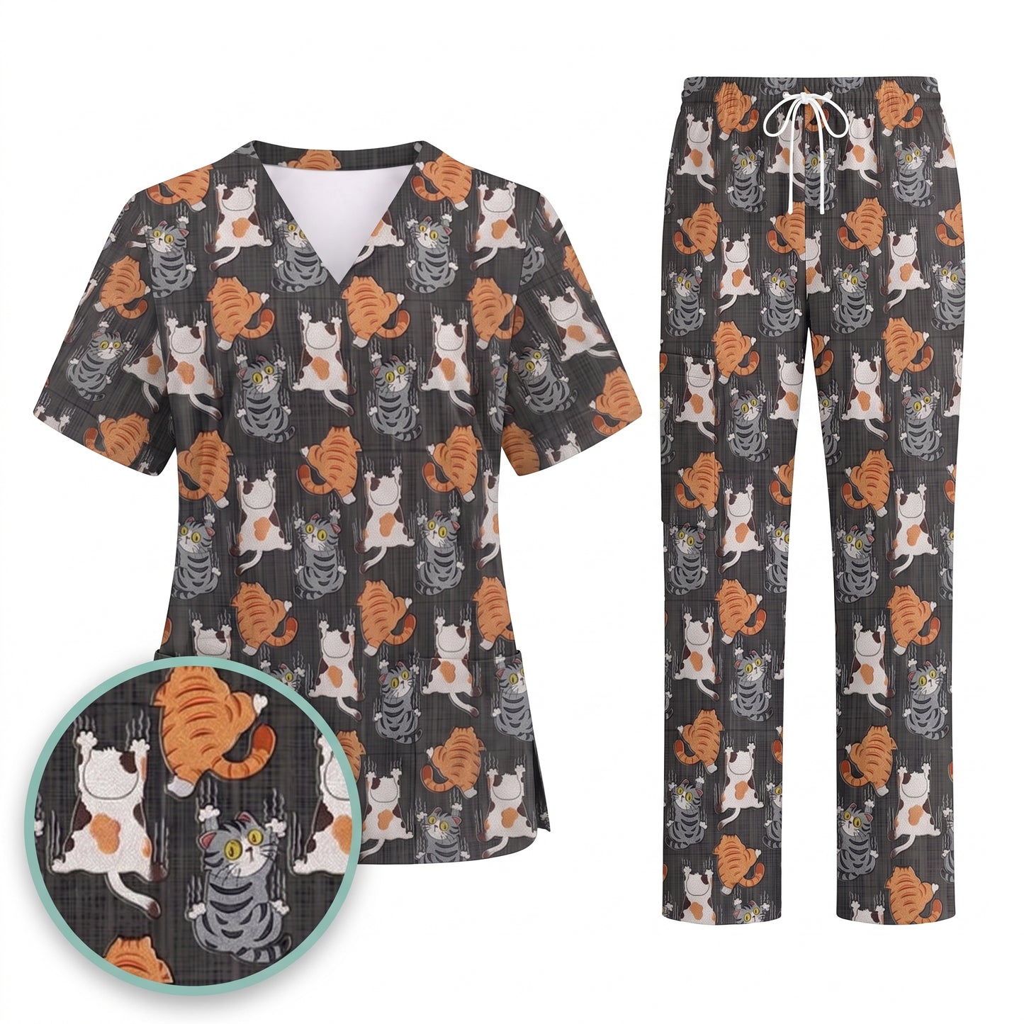 Cute Cat Pattern Nurse Scrub Top, Cats Medical Pattern Shirt, Breathable Fabrics Nursing Uniform