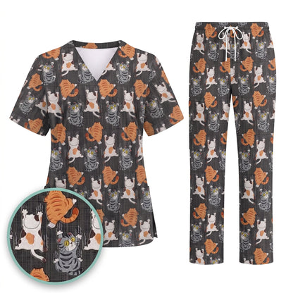 Cute Cat Pattern Nurse Scrub Top, Cats Medical Pattern Shirt, Breathable Fabrics Nursing Uniform