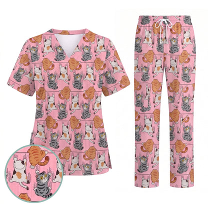 Cute Cat Pattern Nurse Scrub Top, Cats Medical Pattern Shirt, Breathable Fabrics Nursing Uniform