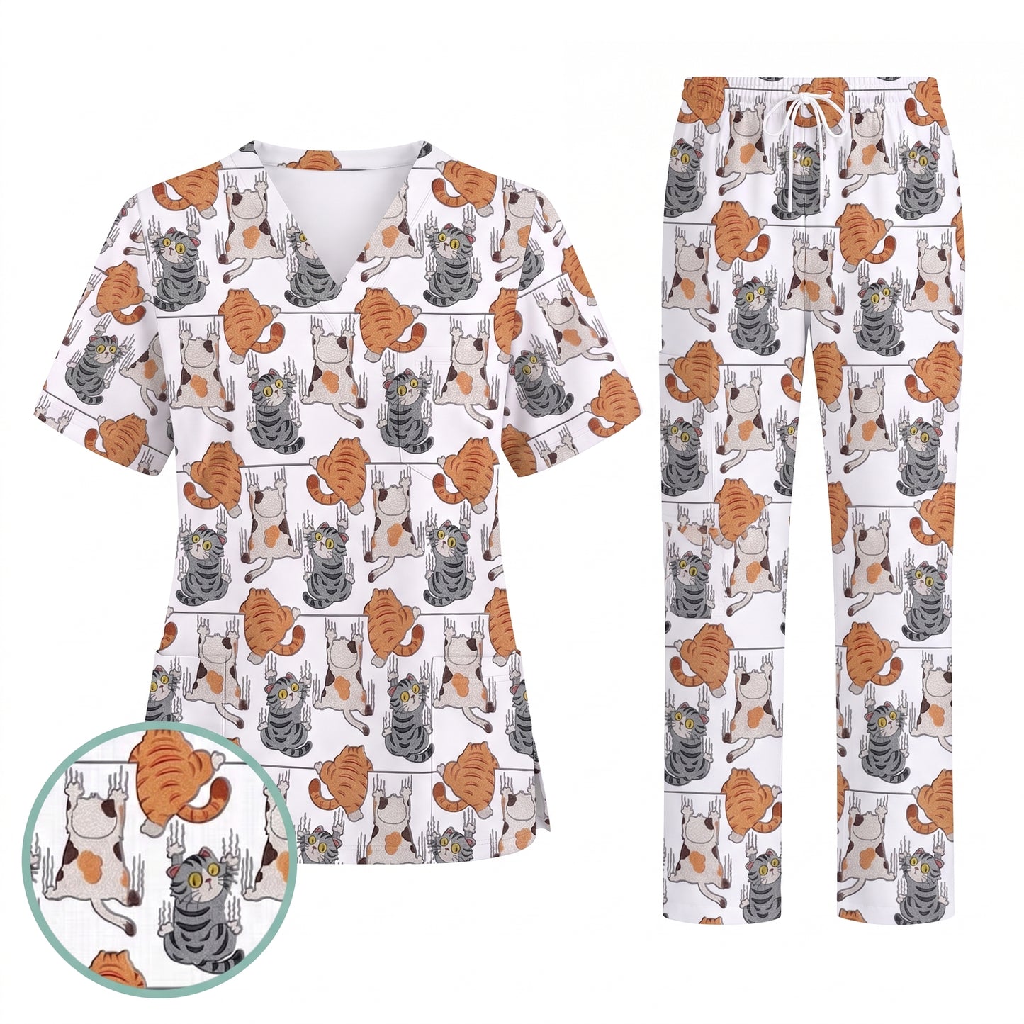Cute Cat Pattern Nurse Scrub Top, Cats Medical Pattern Shirt, Breathable Fabrics Nursing Uniform