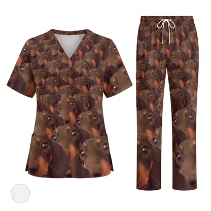 Funny Dachshund Scrub Shirt, Wiener Dog Face Scrub Top for Women, Cute Animal Scrubs Gift for Nurse, CNA, RN, Doctor