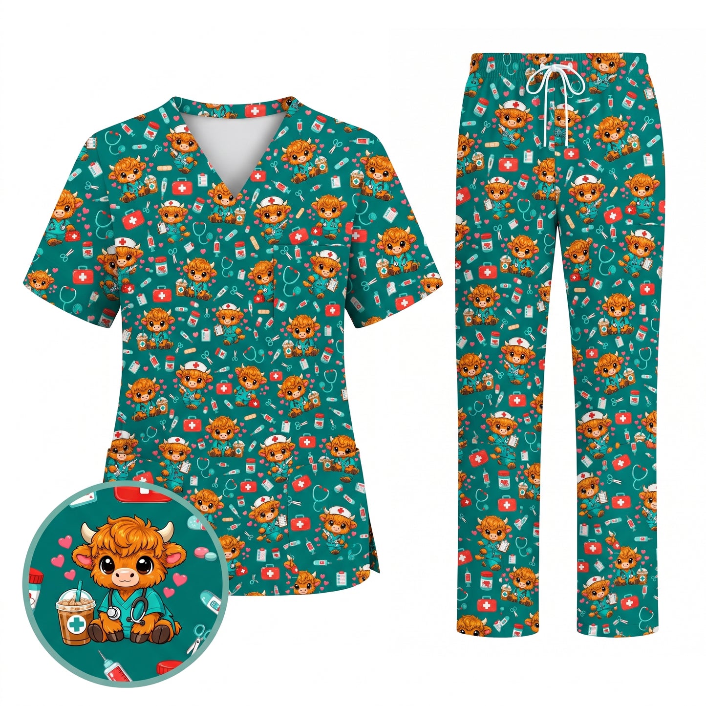 Cute Highland Cow Nurse Scrub Top, Kawaii Medical Pattern Shirt, Breathable Fabrics Nursing Uniform