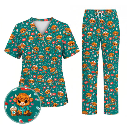 Cute Highland Cow Nurse Scrub Top, Kawaii Medical Pattern Shirt, Breathable Fabrics Nursing Uniform