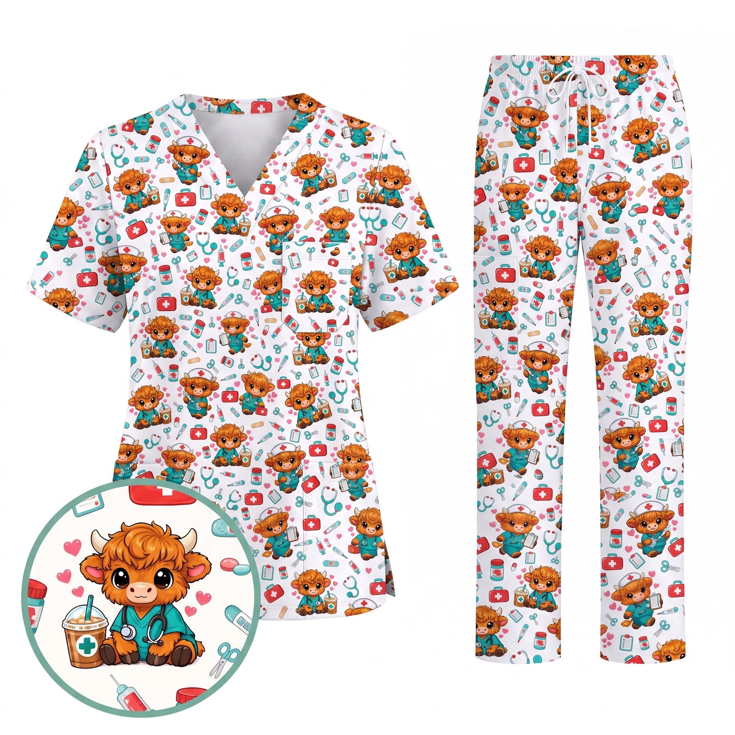 Cute Highland Cow Nurse Scrub Top, Kawaii Medical Pattern Shirt, Breathable Fabrics Nursing Uniform